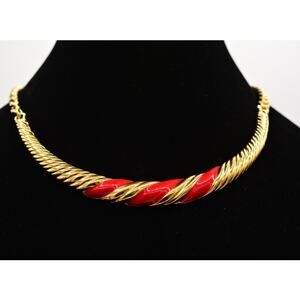 Monet Vintage Collar Necklace Red Enamel Gold Linked Chain Chunky Signed BinT